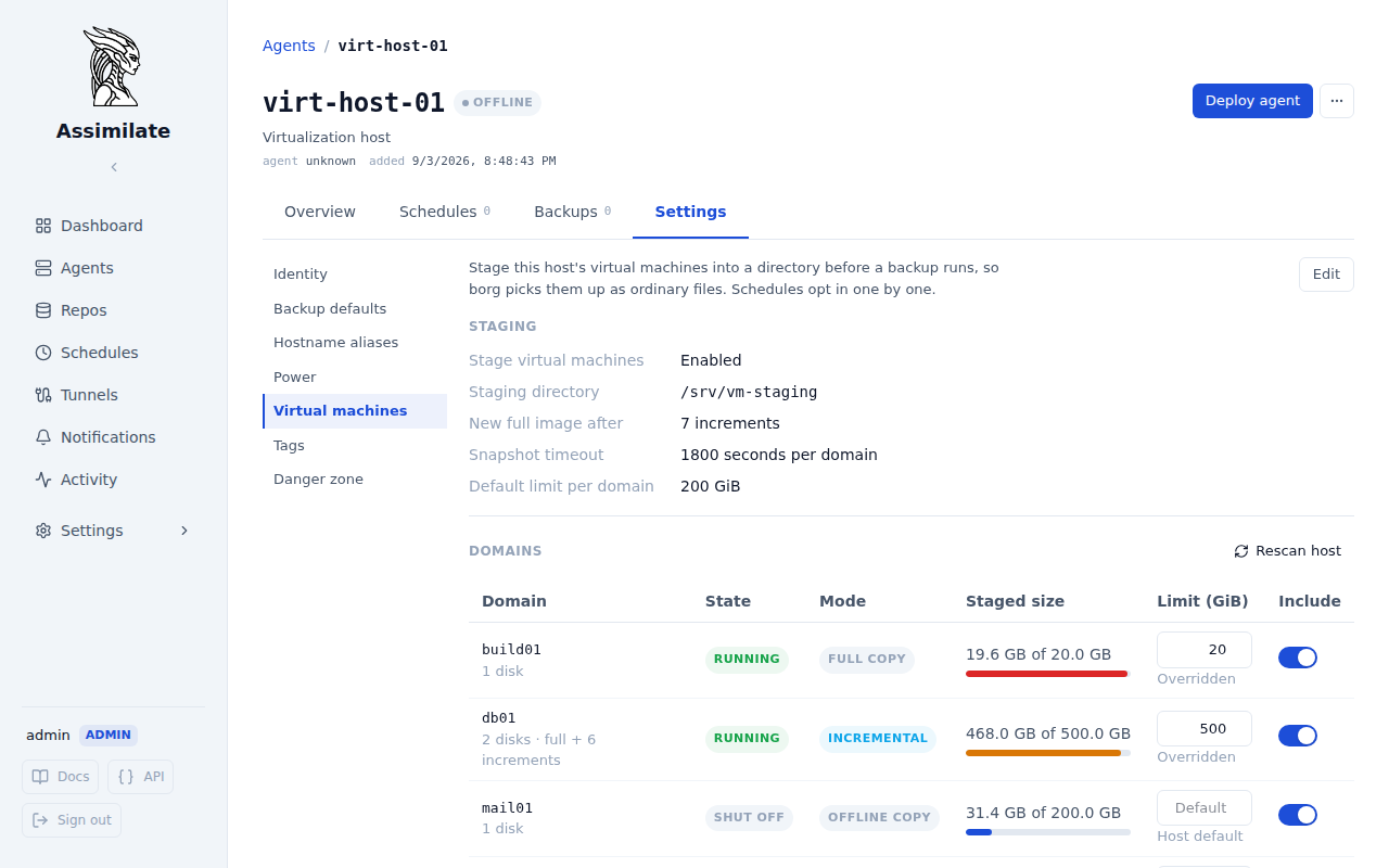 The Virtual machines settings pane, listing a host's domains with their staged size against each limit