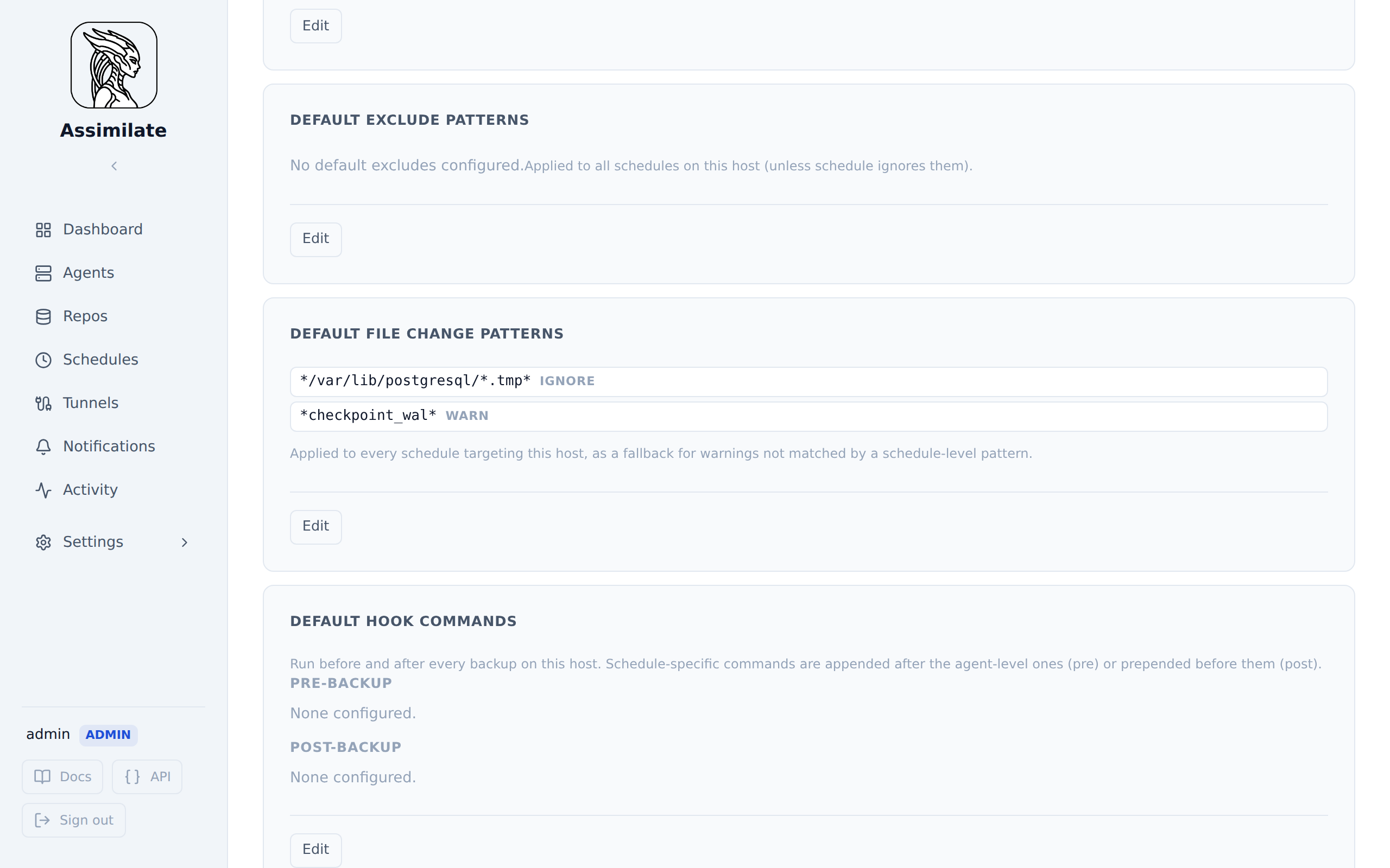 Default file change patterns configured on a host