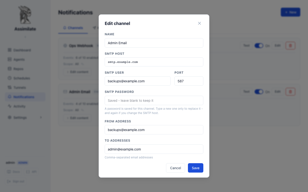 Edit channel dialog with a saved SMTP password