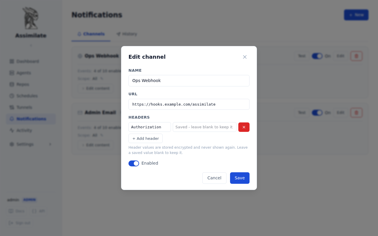 Edit channel dialog with a saved webhook header