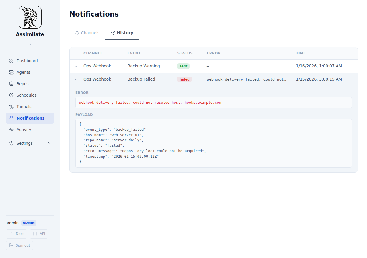Notification history with an expanded delivery row