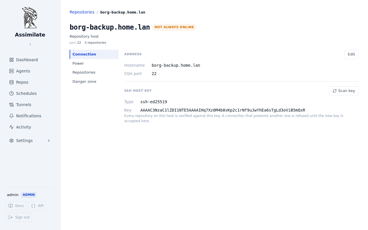 Repository host page showing its address and pinned SSH host key