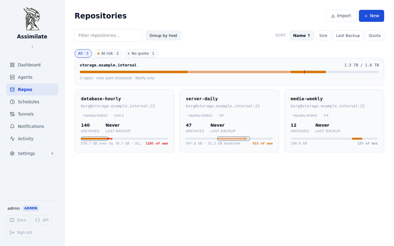 Repositories page grouped by host, showing a shared storage pool bar and repository cards