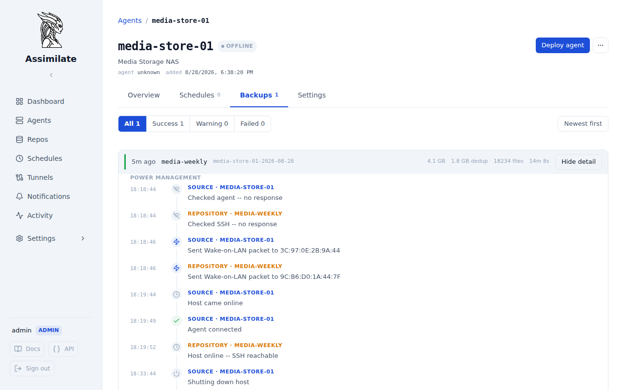 Run detail timeline showing interleaved source and repository power-management events
