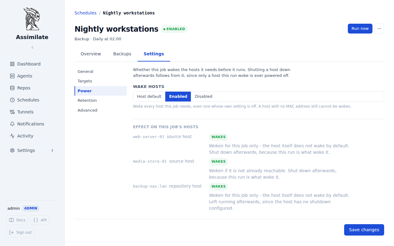 Schedule Power settings pane showing the wake override and what it resolves to for each of the job's hosts