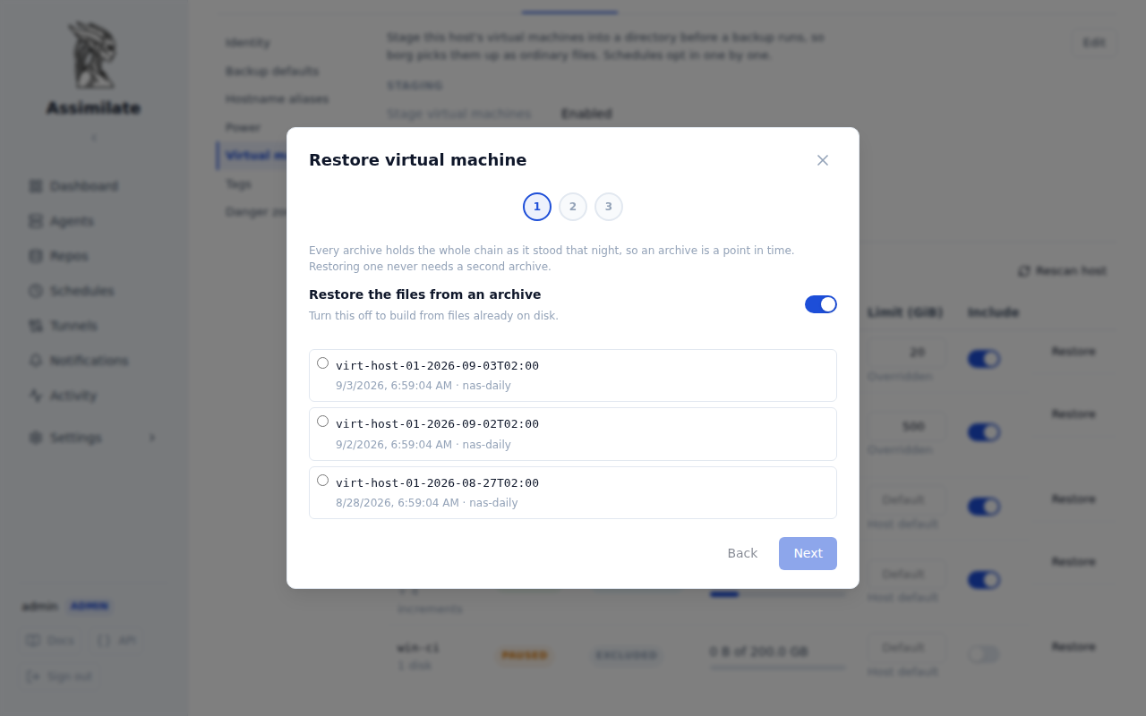 The restore wizard, picking the archive to restore a domain from